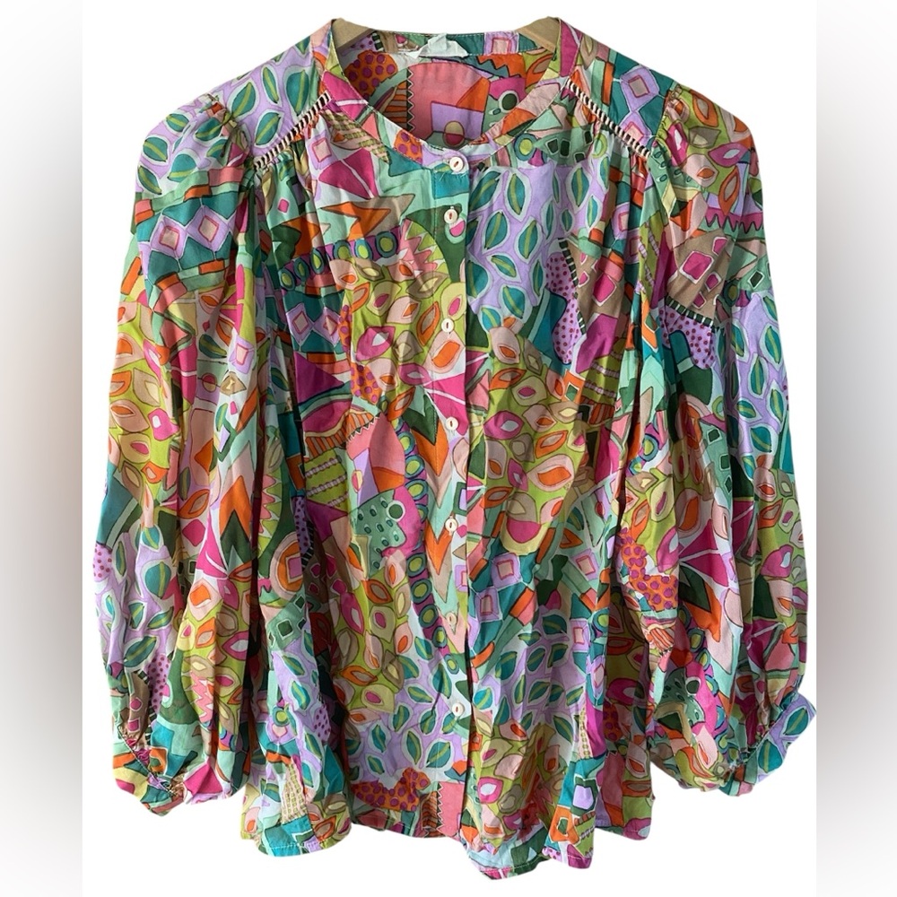 Mahila Blouse Shirt Top 3/4 Sleeve Print Women Size Small Artsy Boho Colorful